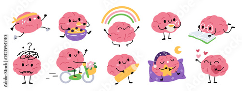Cartoon brain characters. Human organ with funny face, feet and hands mascot, smiling cute mind, different poses and actions. Education emoji, knowledge. Stickers garish vector isolated set