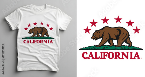 California Typography T-Shirt Design with Bold Bear Graphic and Classic Star Motif. 