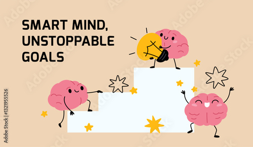 Brain characters poster. Cartoon funny mind mascot with idea bulb, successful startup, up career ladder, clever human organ, education business banner design. Garish vector concept