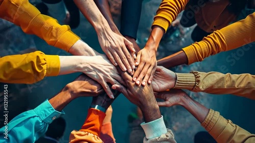 Diverse group of hands come together, celebrating unity on Friendship Day