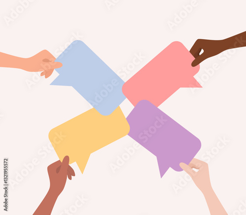 Hands of people of different nationalities and skin tones holding colorful speech bubbles. Flat vector illustration