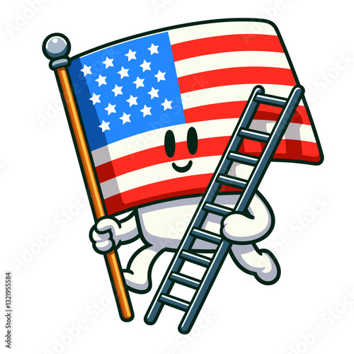 Animated American flag character holding ladder vector illustration. Ideal for youth civics education, patriotic children's content, and playful national holiday promotions.