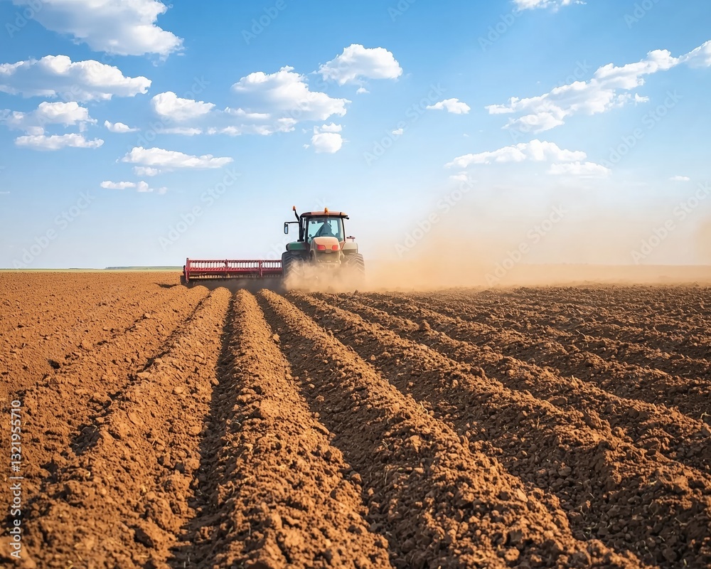 Fototapeta premium A tractor plowing a field, creating furrows in the soil against a clear blue sky.