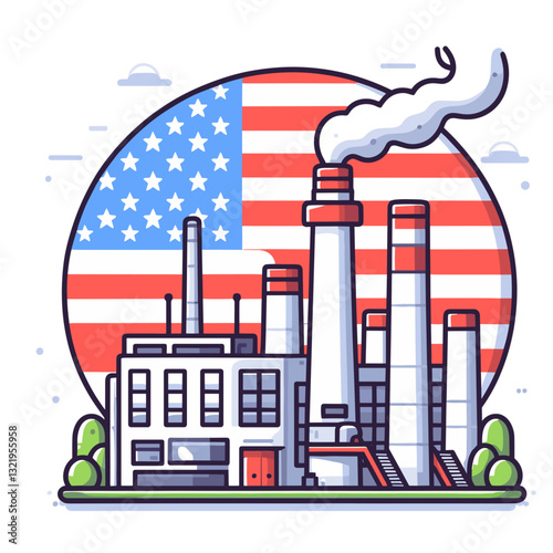 American factory with smokestacks against flag background vector illustration. Perfect for manufacturing industry, American-made products, and domestic production campaigns.