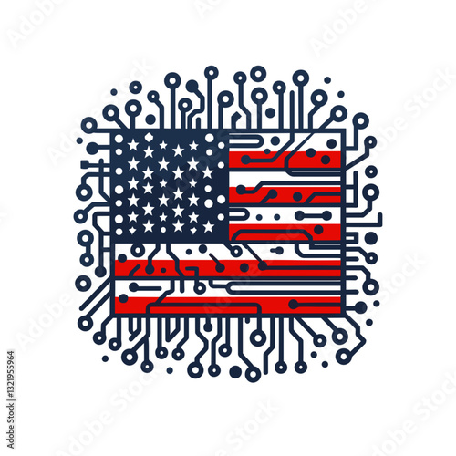 American flag in circuit board pattern vector illustration. Ideal for American technology innovation, digital infrastructure initiatives, and national cybersecurity programs.