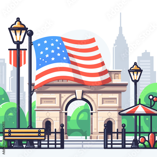 American flag with city arch monument and streetlights vector illustration. Ideal for urban patriotic celebrations, national historic landmarks, and American tourism promotions.