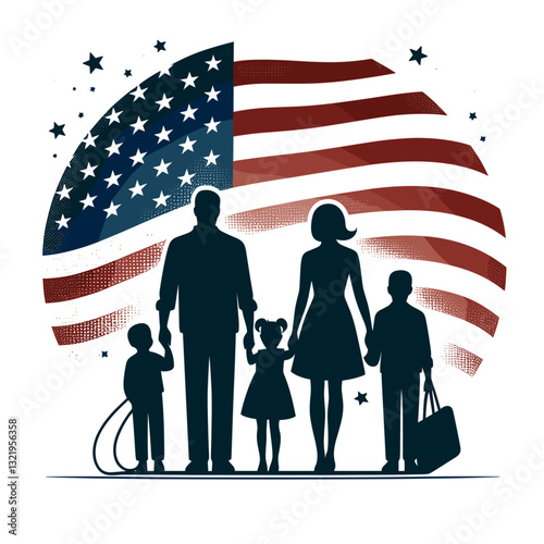 Family silhouette against American flag background vector illustration. Perfect for US immigration services, patriotic family values campaigns, and American citizenship program marketing.