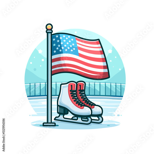 American flag with ice skates on frozen rink vector illustration. Ideal for winter sports competitions, patriotic ice shows, and American figure skating program promotions.