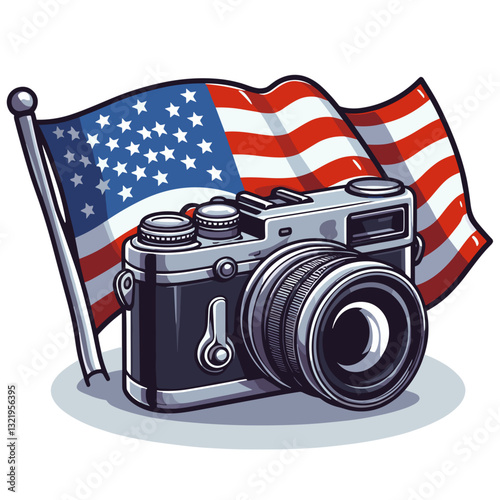 Vintage camera with American flag background vector illustration. Perfect for patriotic photojournalism, US tourism photography content, and American visual documentation services.