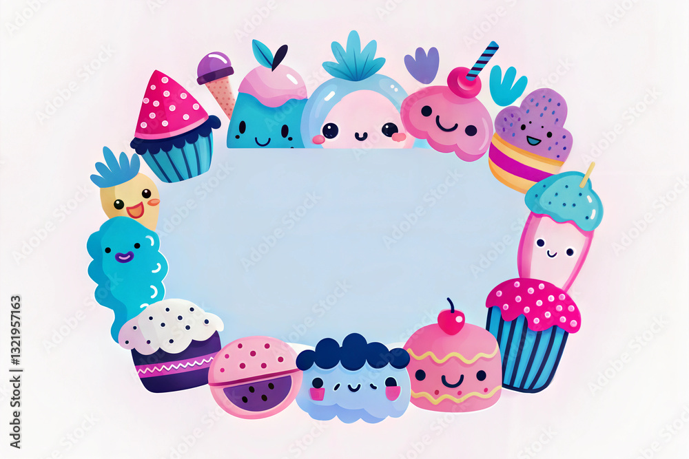 Fototapeta premium Cheerful dessert illustration featuring happy treats with copy space for customization.