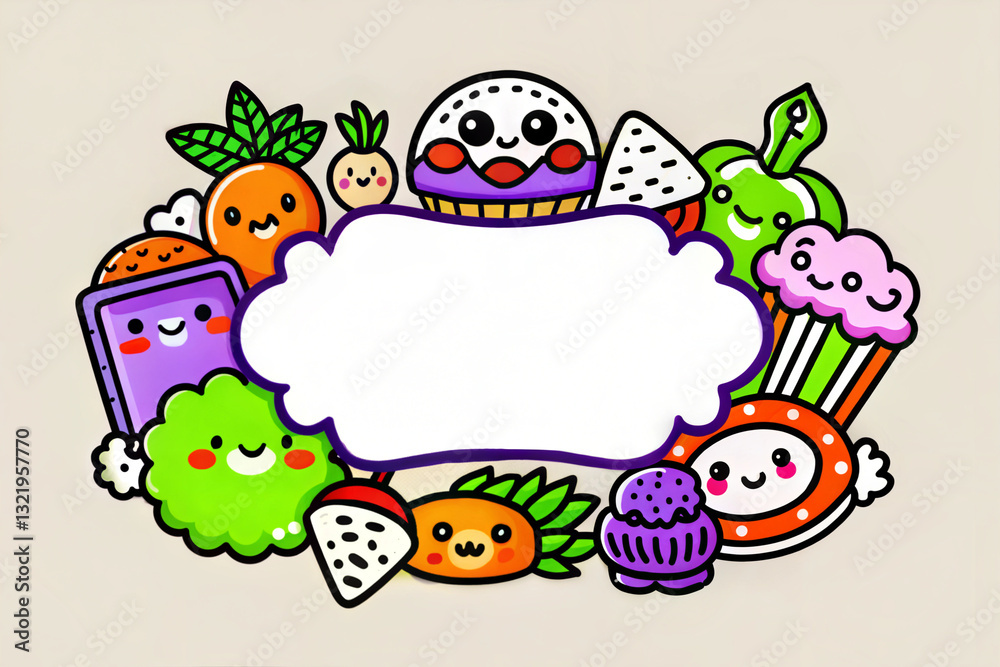 Naklejka premium Playful food illustration featuring smiling fruits and desserts with copy space for text.