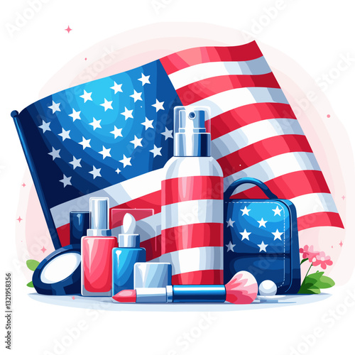 American flag with patriotic cosmetic products vector illustration. Ideal for US-made beauty brands, Independence Day personal care promotions, and national pride merchandise marketing.