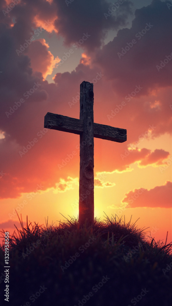 Solitary Cross Silhouetted Against a Vibrant Sunset Sky - Perfect for Easter Promotions and Religious Content Solitary Cross Silhouetted Against a Vibrant Sunset Sky - Perfect for Easter Promotions and Religious Content