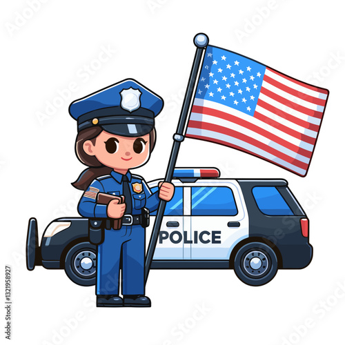 Female police officer with American flag and patrol car vector illustration. Perfect for law enforcement recruitment, patriotic public safety campaigns, and American first responder recognition.