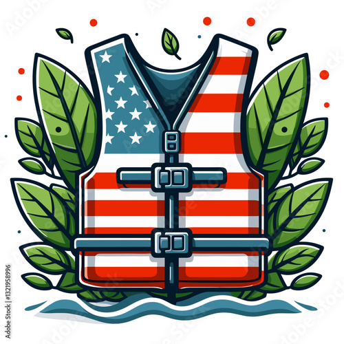 American flag life vest with greenery vector illustration. Perfect for water safety programs with patriotic themes, US coast guard campaigns, and maritime recreation safety initiatives.