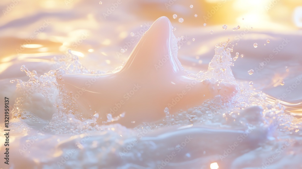 Fototapeta premium A soft, pastel starfish emerges from water, creating gentle splashes in a dreamy, serene environment.