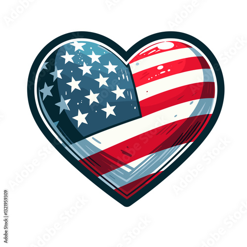 American flag heart shape with metallic texture vector illustration. Perfect for patriotic celebrations, national unity campaigns, and American pride merchandise.