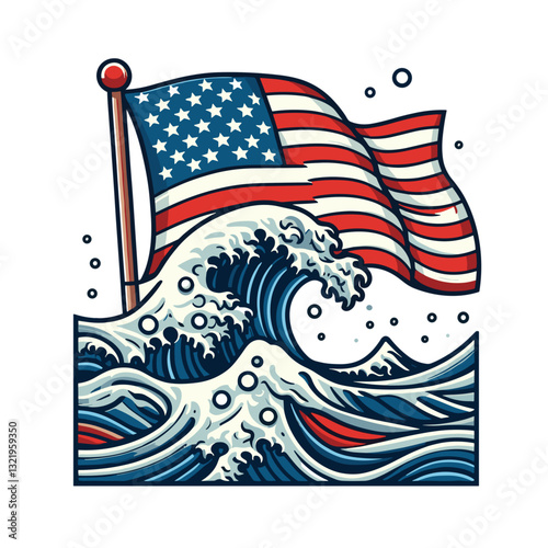American flag with large ocean wave vector illustration. Ideal for coastal conservation programs, patriotic maritime initiatives, and American naval tradition promotions.
