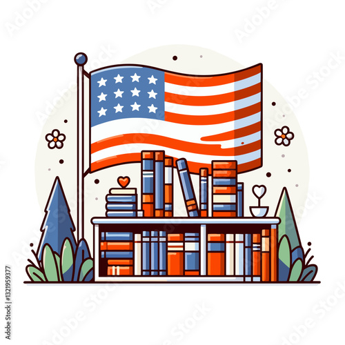 American flag above bookshelf with books and greenery vector illustration. Ideal for patriotic libraries, US education initiatives, and American literary collections.