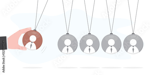 Businessman hand pulling pendulum to launch new project. Teamwork, team building concept. Boss or HR manager launching new business project and hiring staff. Human resources