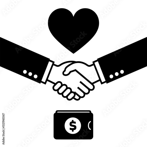 Hands shaking with a heart above, symbolizing partnership or agreement. A wallet with dollar sign indicates financial transactions, ideal for charity campaigns, payment theme, or collaborative effort