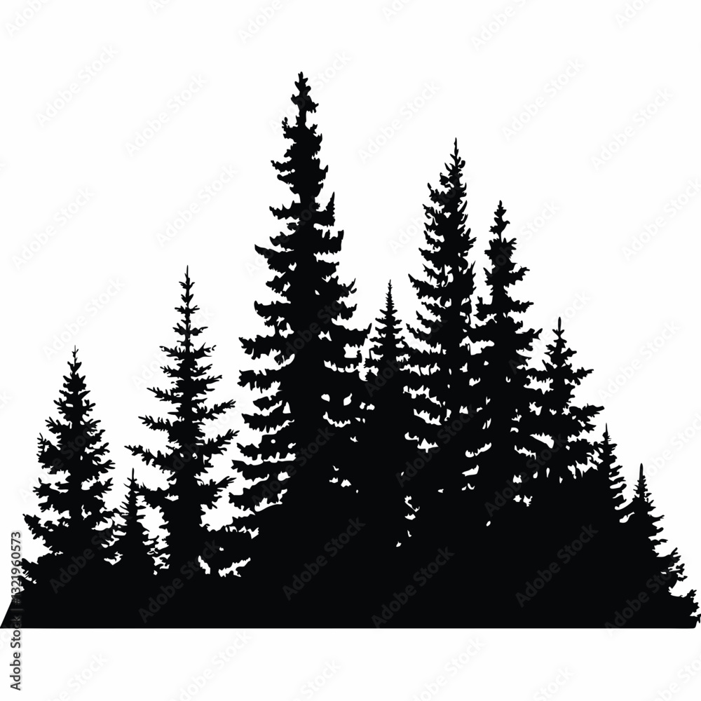 Fototapeta premium Fir trees silhouettes, Coniferous spruce horizontal background patterns, black evergreen woods vector illustration. Beautiful hand drawn panorama with treetops forest, forest silhouette