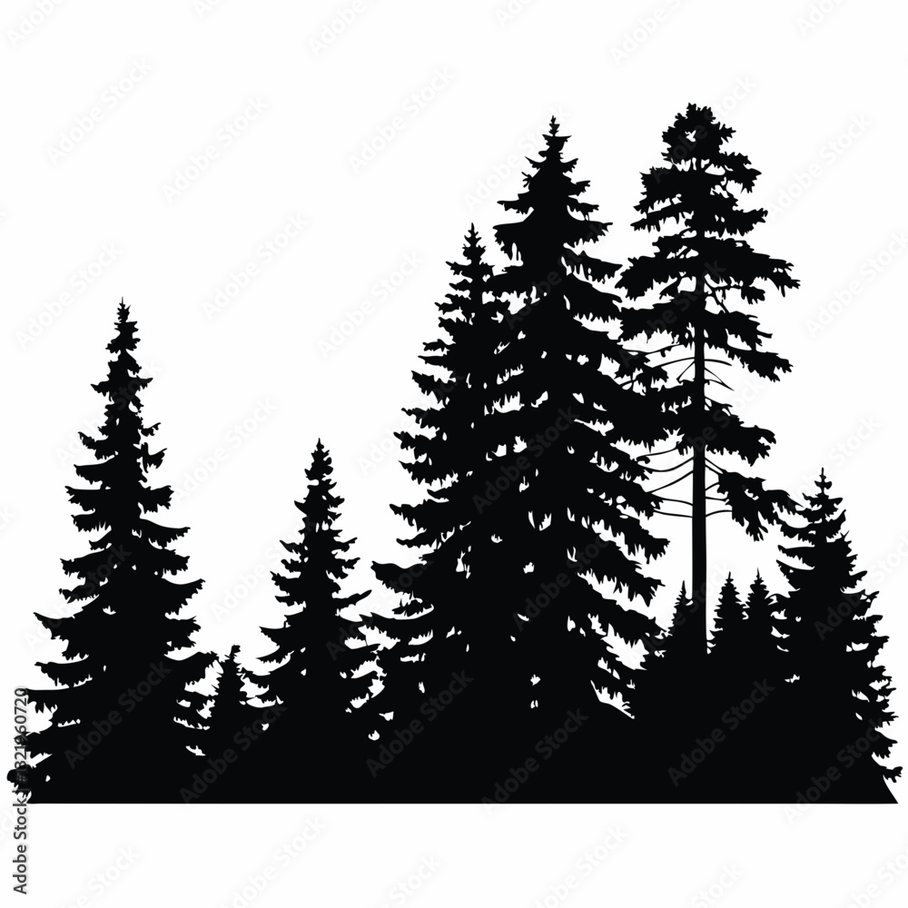 Fototapeta premium Fir trees silhouettes, Coniferous spruce horizontal background patterns, black evergreen woods vector illustration. Beautiful hand drawn panorama with treetops forest, forest silhouette
