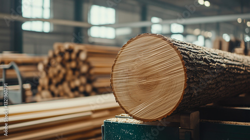 Lumber Mill: A close-up shot reveals a cross-section of a freshly cut log in a lumber mill, surrounded by stacks of sawn timber and industrial machinery