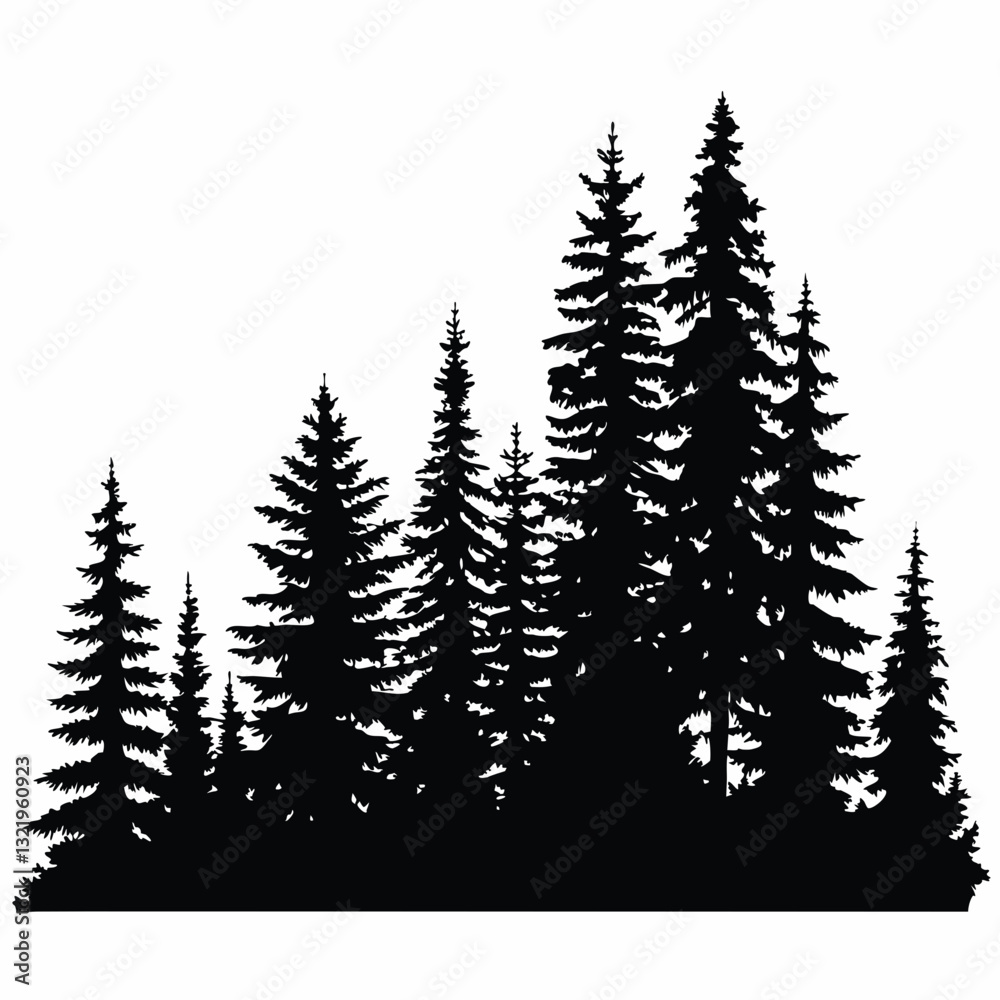Obraz premium Fir trees silhouettes, Coniferous spruce horizontal background patterns, black evergreen woods vector illustration. Beautiful hand drawn panorama with treetops forest, forest silhouette