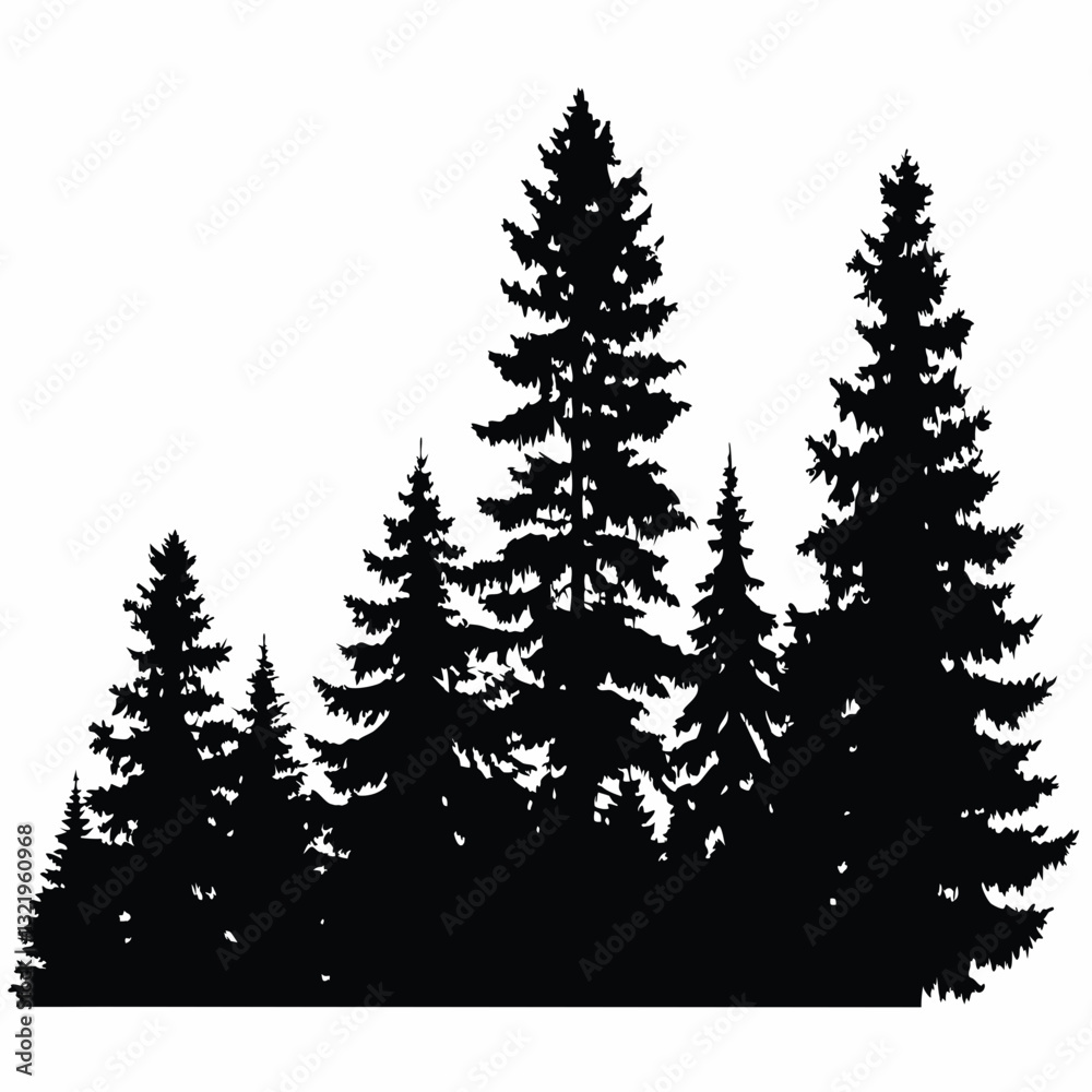 Obraz premium Fir trees silhouettes, Coniferous spruce horizontal background patterns, black evergreen woods vector illustration. Beautiful hand drawn panorama with treetops forest, forest silhouette