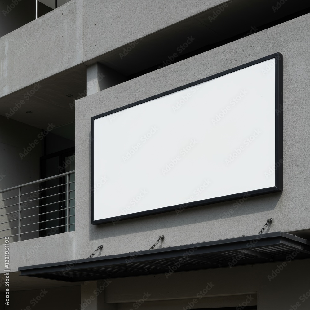 Fototapeta premium A photograph of a modern, minimalist building facade featuring a large, rectangular, white signage panel with a black frame, showcasing a poster mockup.