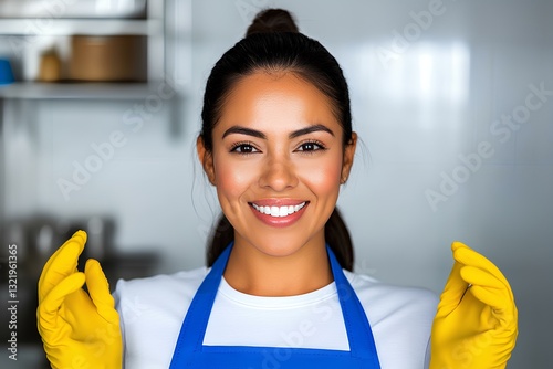 Professional cleaning lady in stylish home, wearing a blue apron and protective gloves.