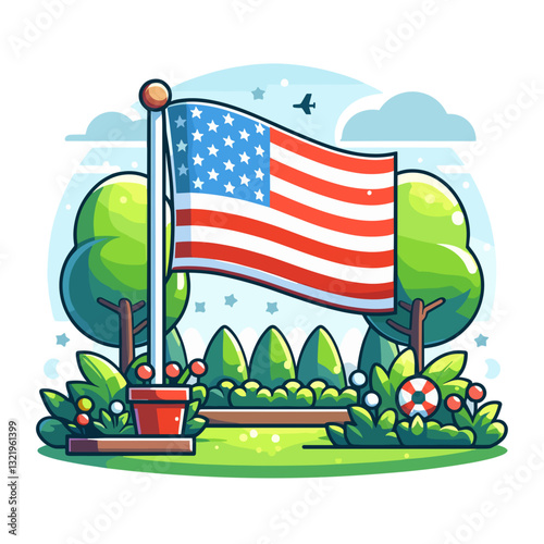 American flag in garden park with trees and bench vector illustration. Perfect for national parks, community beautification projects, and patriotic public spaces.