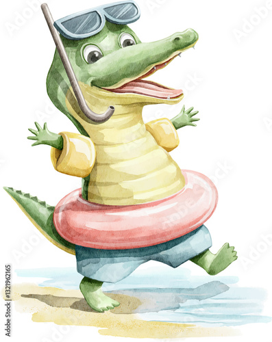 Cute cartoon little crocodile alligator character animal in clothes runs along beach with inflatable ring and swimming mask isolated on white background. Watercolor hand drawn illustration sketch vect