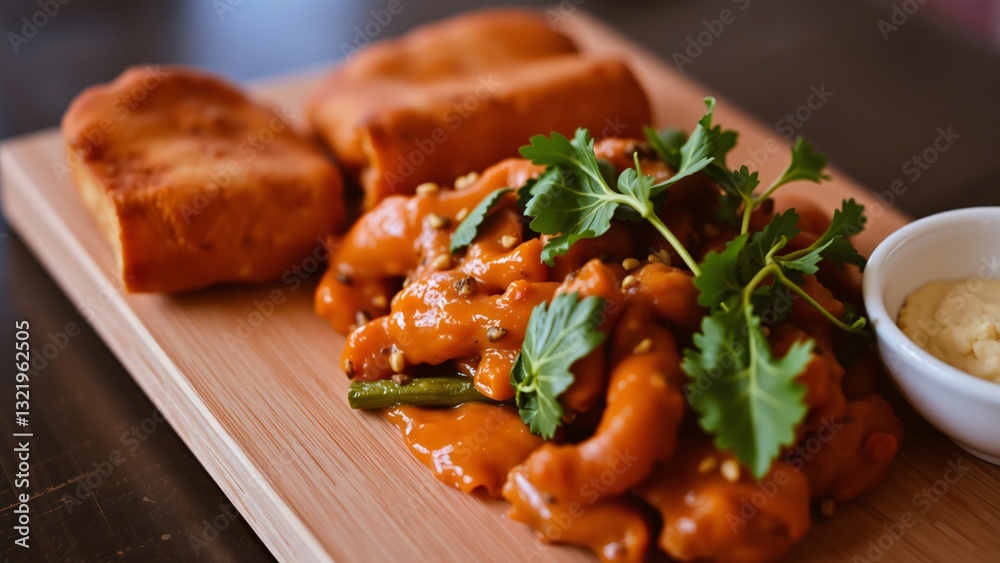 Spicy Orange Chicken with Naan Bread and Cilantro