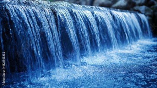 Clear water cascading gently over a small, stone-built dam into a shallow pool