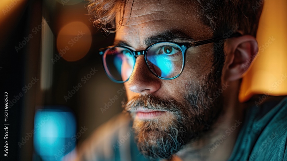 Focused man with glasses working on a computer in soft lighting Focused man with glasses working on a computer in soft lighting