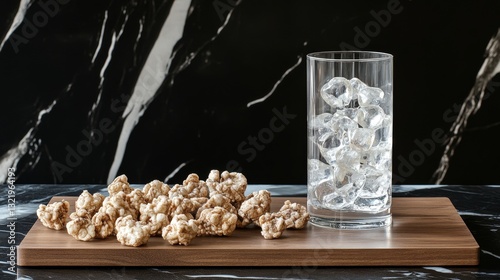 Wallpaper Mural Popcorn on Wooden Board Beside Glass with Ice Cubes Background Torontodigital.ca