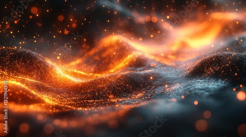 Abstract fiery landscape, digital art, glowing particles, fiery waves, orange and black colors, cosmic dust, energy, fiery texture, burning embers, abstract background