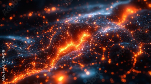 Abstract fiery cosmic landscape. Glowing nebula, fiery particles, cosmic dust, digital art. A surreal fiery, cosmic, nebula landscape.
