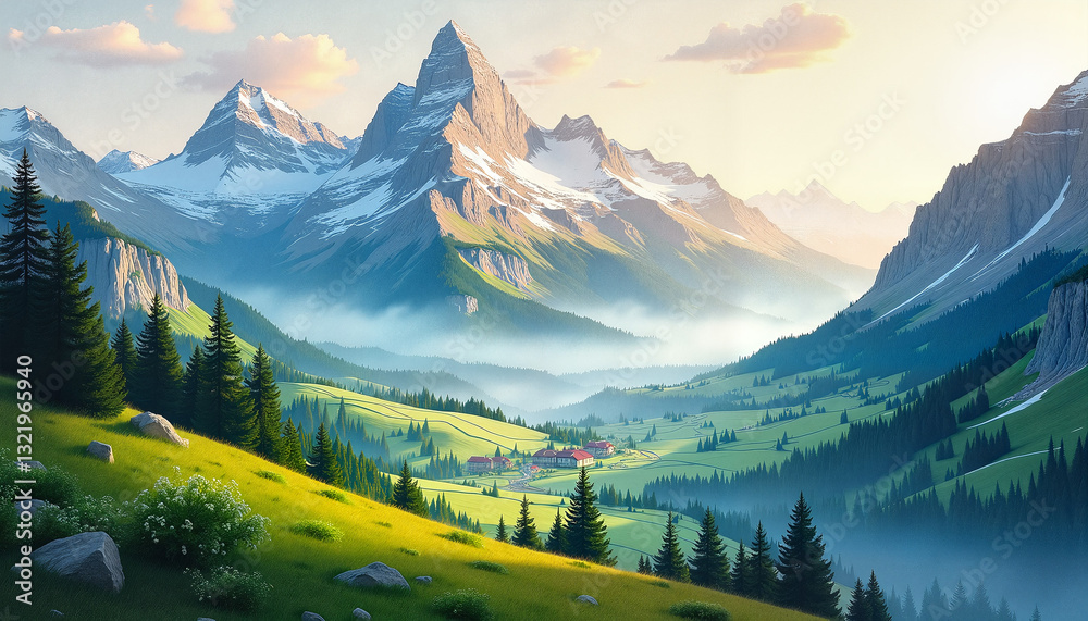Stunning mountain landscape with lush greenery and peaks under bright sky