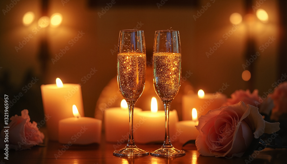 Romantic setting with champagne glasses, candles, and roses on elegant table