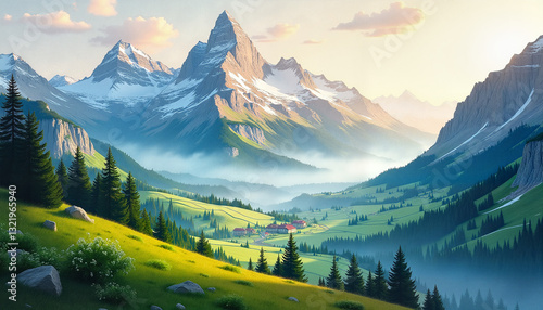 Obraz na płótnie Stunning mountain landscape with lush greenery and peaks under bright sky w salonie