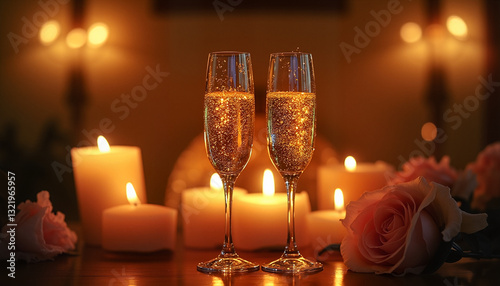 Obraz na płótnie Romantic setting with champagne glasses, candles, and roses on elegant table w salonie