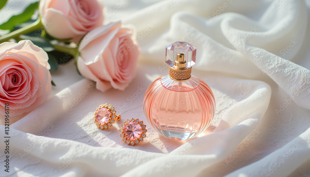 Beautiful perfume bottle with pink roses and elegant earrings on soft fabric