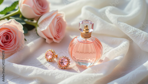 Obraz na płótnie Beautiful perfume bottle with pink roses and elegant earrings on soft fabric w salonie