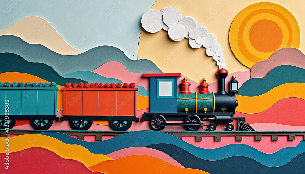Colorful paper cut-out illustration of a toy train traveling through a stylized landscape