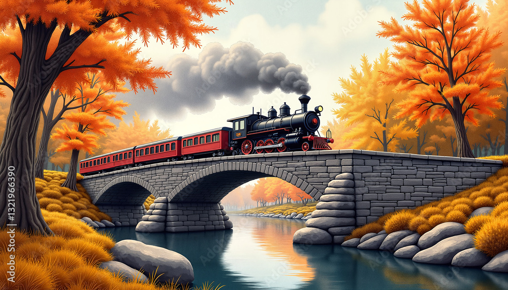 Vintage steam train crossing a stone bridge in colorful autumn landscape