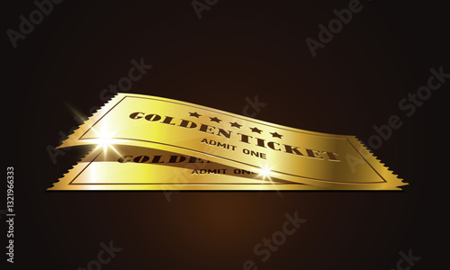 3d golden tickets. Golden ticket with stars and the inscription "Admit one". Vector illustration.