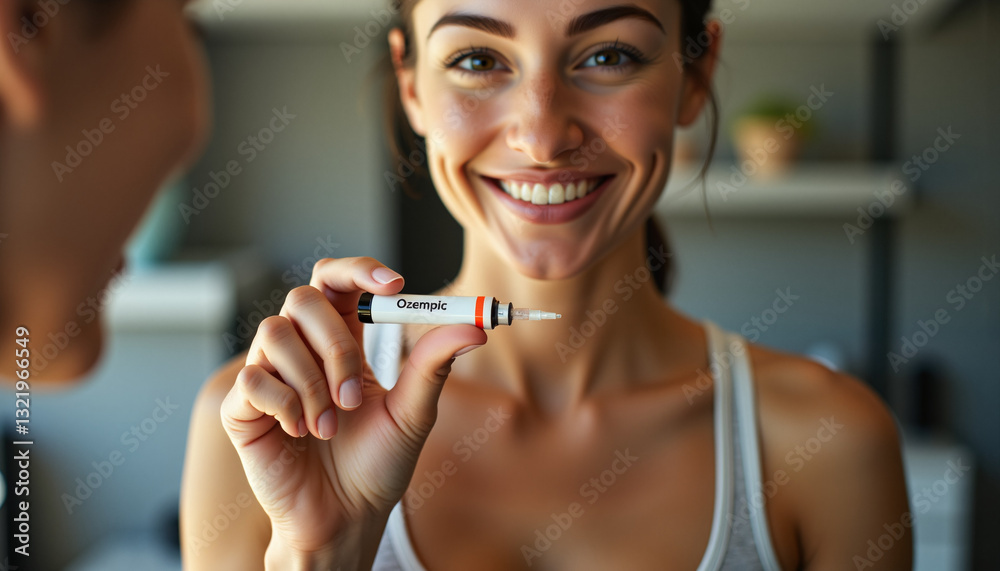 Smiling young woman holding Ozempic injection pen for weight loss in modern home setting